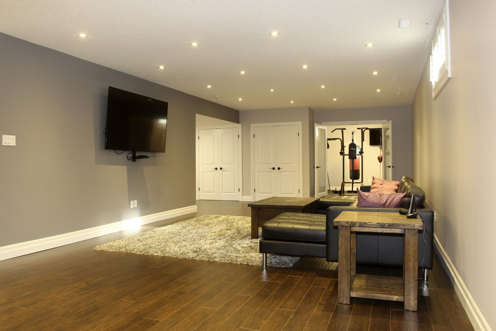 Example of a large transitional look-out medium tone wood floor and brown floor basement design with gray walls