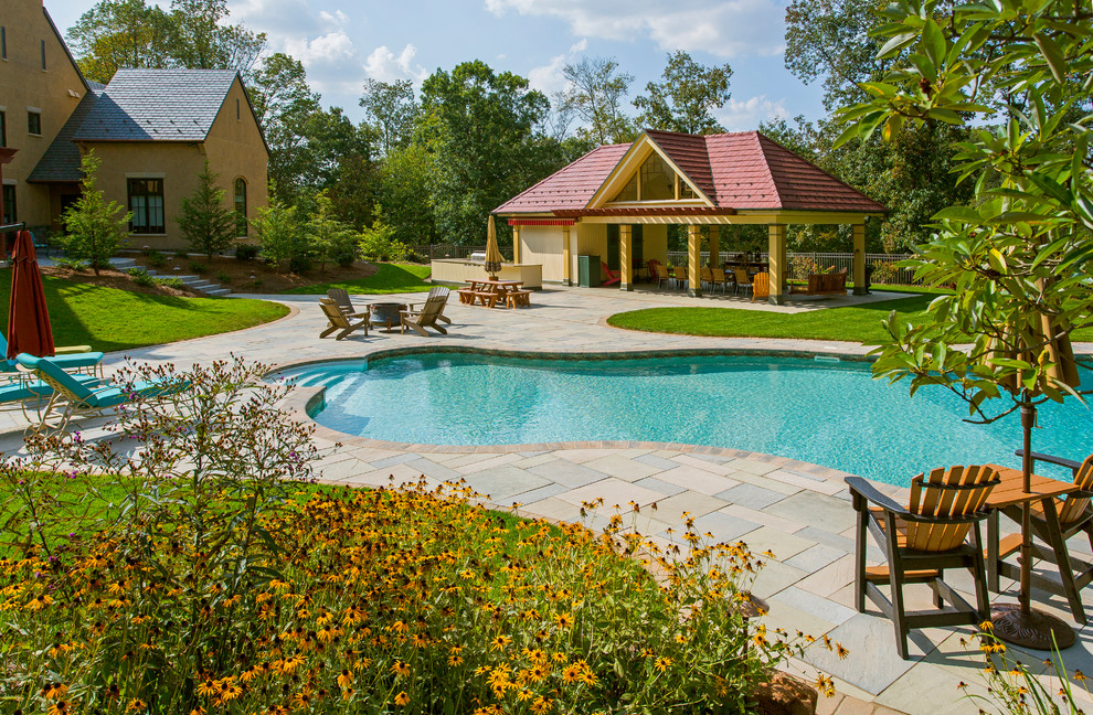 Pool house - mid-sized transitional backyard tile and kidney-shaped pool house idea