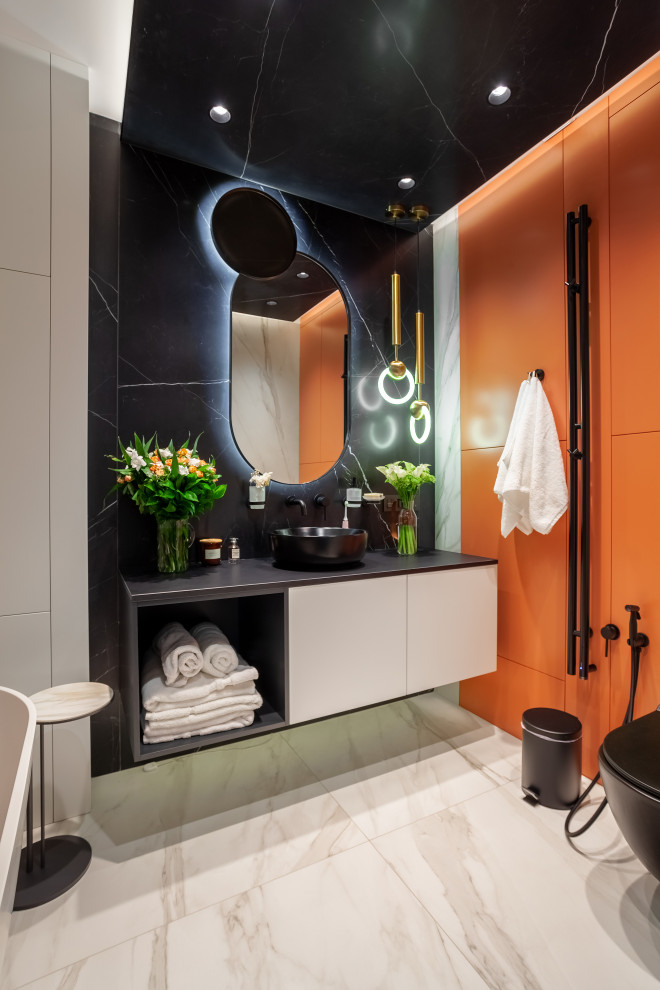 Тяжелая подвесная тумба под раковину сделана на специальных стеновых навесах