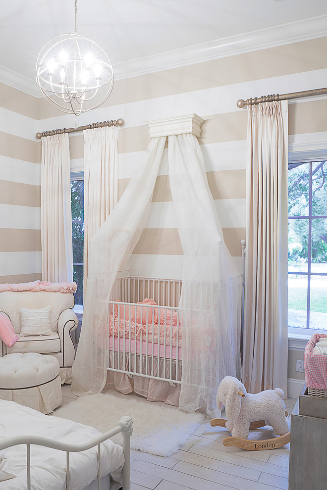Design ideas for a large traditional nursery in Miami with multi-coloured walls and porcelain floors.