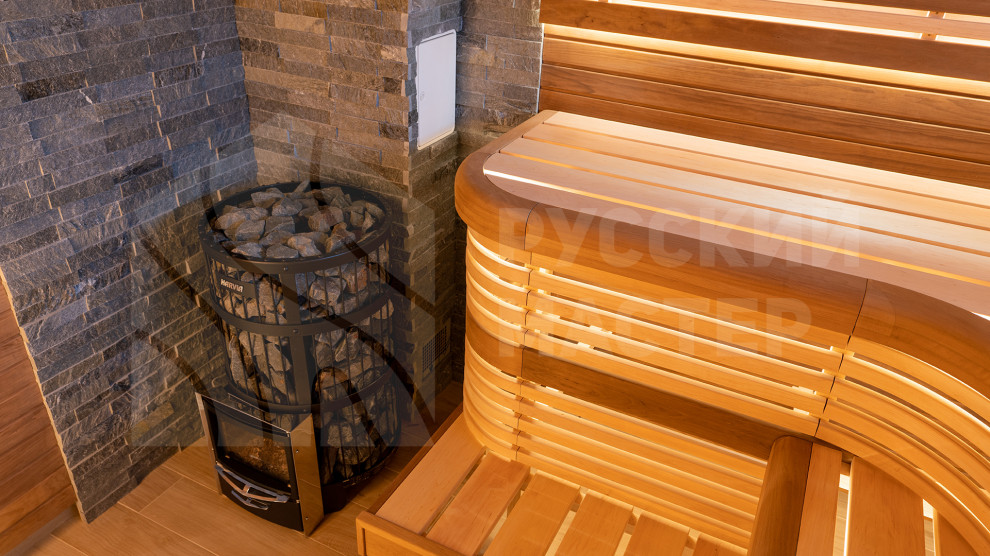 Баня по индивидуальному проекту: фигурные 3D-полки и отделка из термодревесины