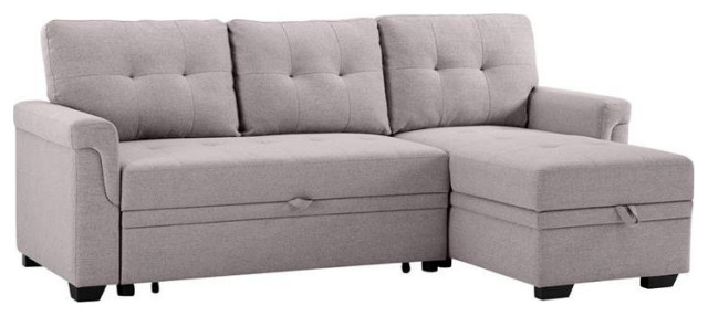 Lucca Light Gray Fabric Reversible, 86 Lucca Gray Linen Reversible Sleeper Sectional Sofa With Storage Chaise