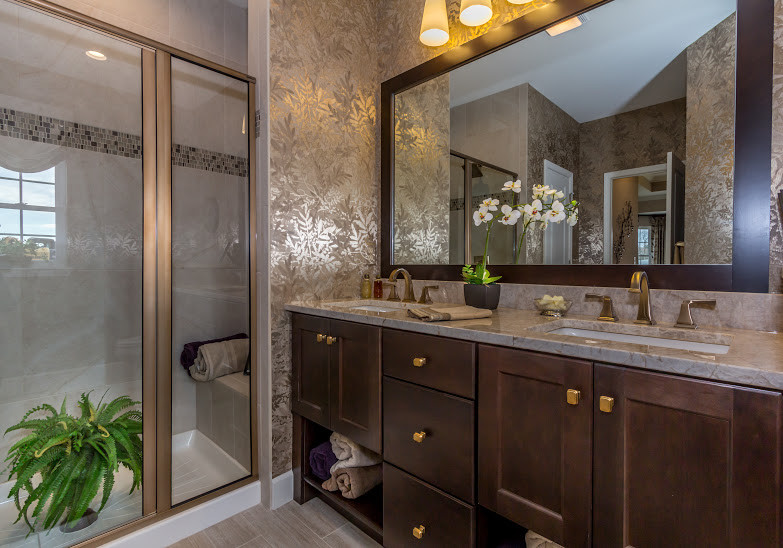 Example of a transitional master ceramic tile ceramic tile and beige floor doorless shower design with shaker cabinets, dark wood cabinets, a one-piece toilet, beige walls, an undermount sink, quartzite countertops and a hinged shower door