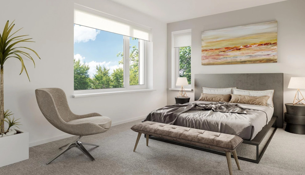 This is an example of a mid-sized contemporary master bedroom in Other with white walls, carpet, no fireplace and beige floor.