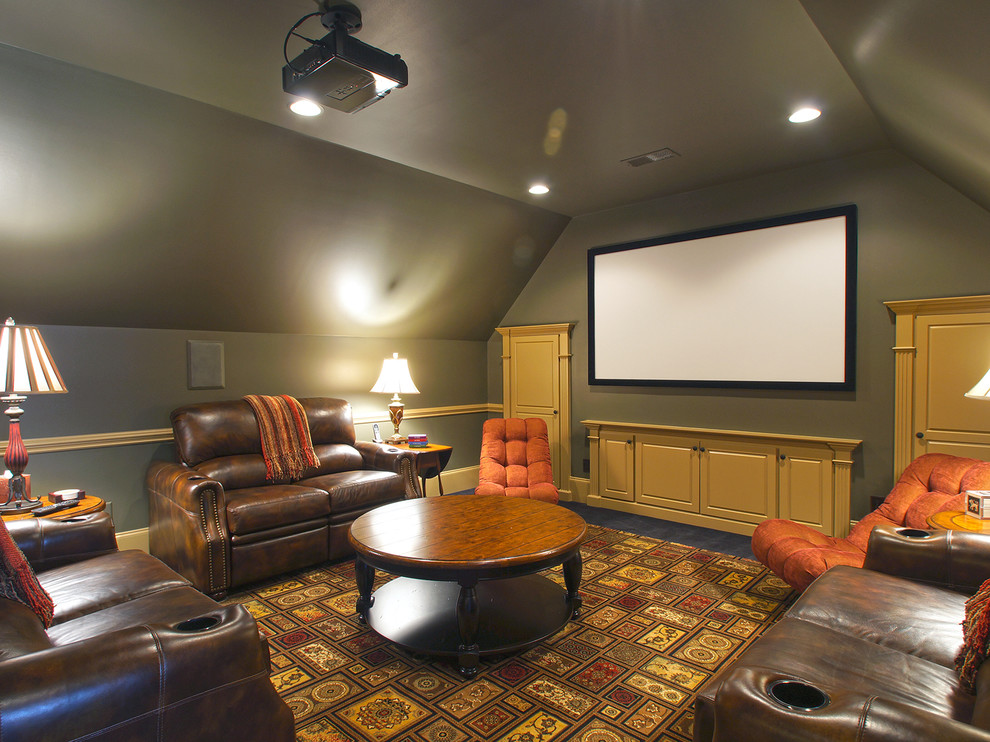 Inspiration for a traditional home theatre in Other with multi-coloured floor.
