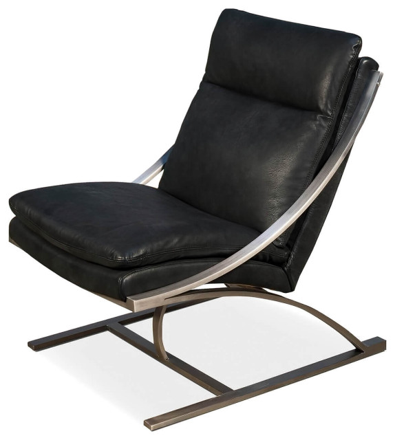 Modern Stainless Steel and Black Leather Chair Contemporary