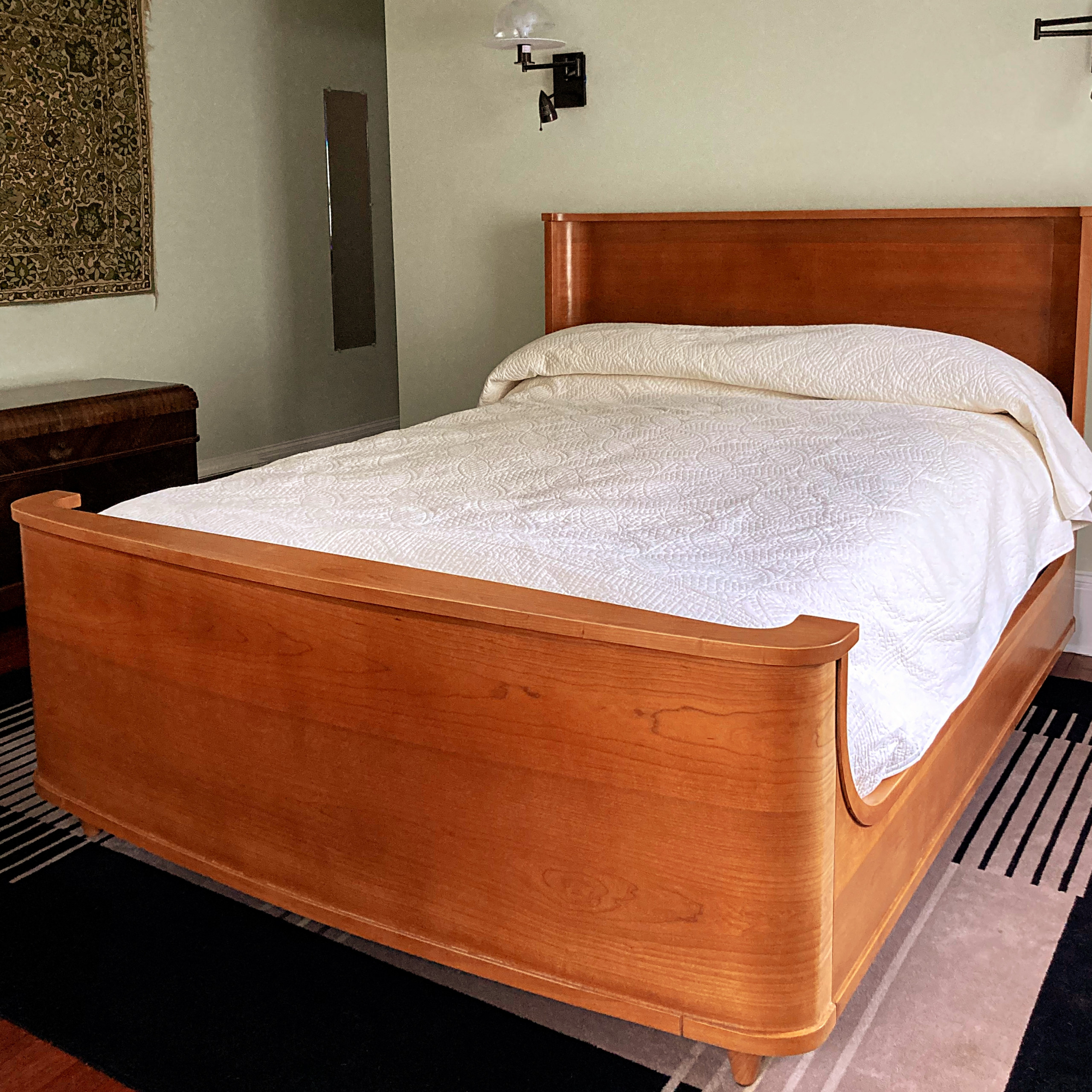 Moss Art Deco Shelter Bed. Queen size in cherry veneer and solid cherry.