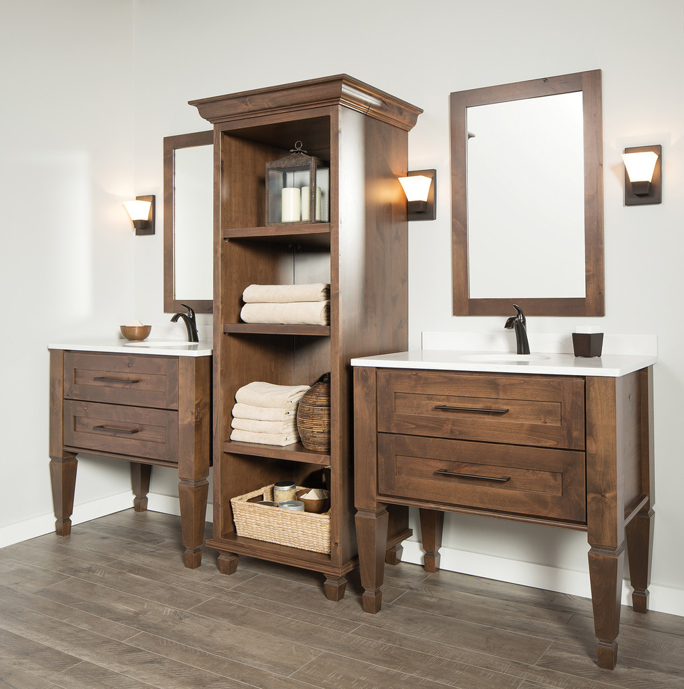 Inspiration for a mid-sized transitional master bathroom in Chicago with an undermount sink, medium wood cabinets, solid surface benchtops, grey walls, medium hardwood floors, white tile, grey floor, white benchtops and shaker cabinets.