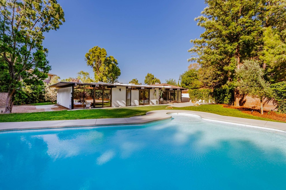 Large midcentury backyard custom-shaped natural pool in Los Angeles with concrete slab.