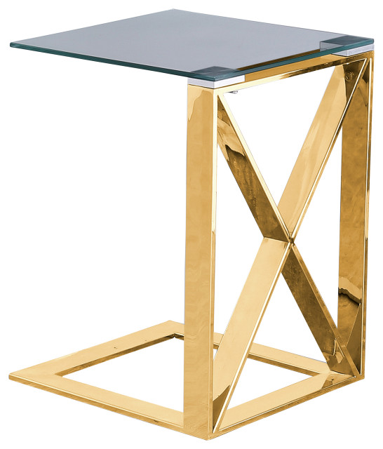 22 Inch Metal X Frame Glass Top Side Table, Gold Contemporary Side