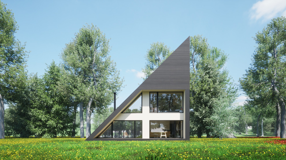 This is an example of a medium sized and black contemporary tiny house in Other with three floors, wood cladding, a lean-to roof, a shingle roof, a black roof and shiplap cladding.