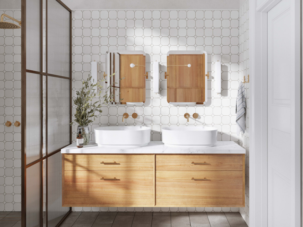 Large scandinavian master bathroom in New York with flat-panel cabinets, medium wood cabinets, a freestanding tub, a curbless shower, a wall-mount toilet, white tile, ceramic tile, white walls, cement tiles, a vessel sink, marble benchtops, grey floor, an open shower, white benchtops, a niche, a double vanity, a floating vanity and exposed beam.