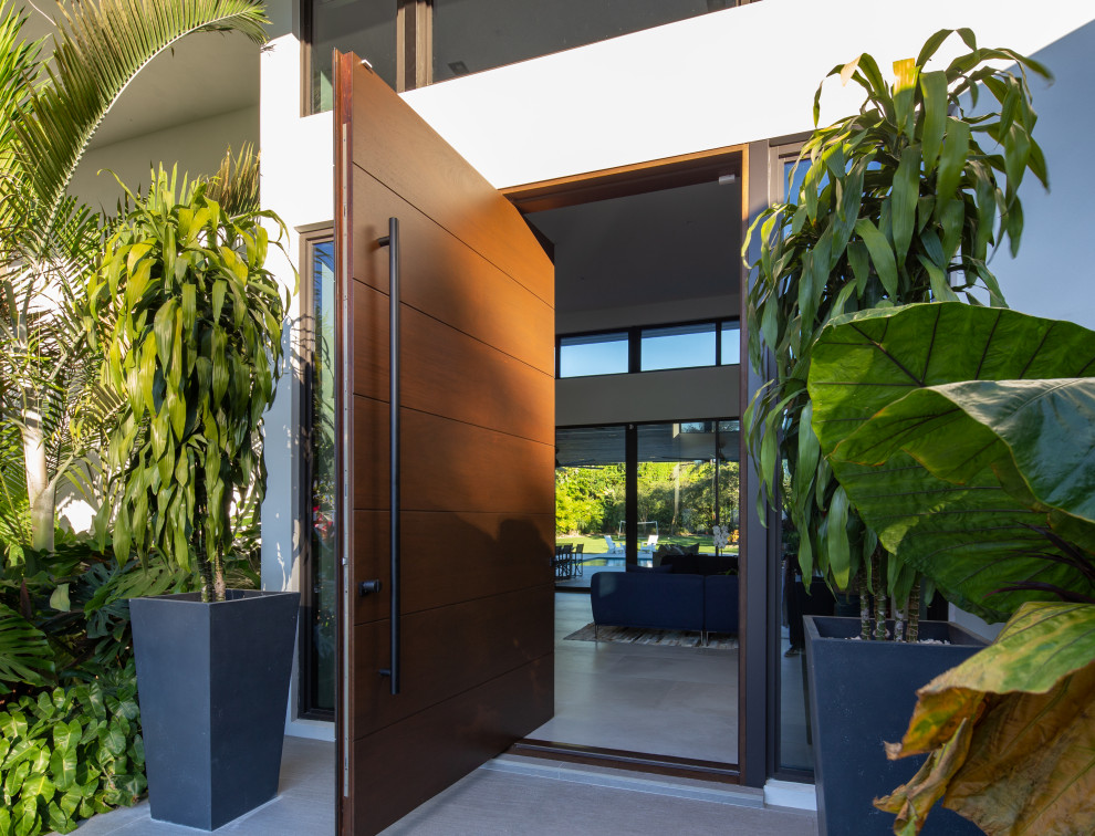 Large tropical front door in Miami with limestone floors, a pivot front door, a medium wood front door and grey floor.