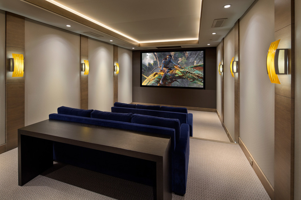 Large modern enclosed home theatre in San Francisco with carpet, a built-in media wall and grey walls.