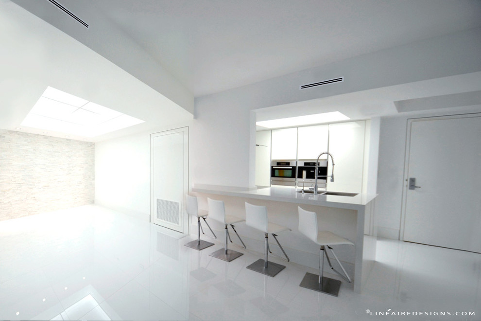 Design ideas for a contemporary eat-in kitchen in Miami with a double-bowl sink, stainless steel appliances, porcelain floors and with island.
