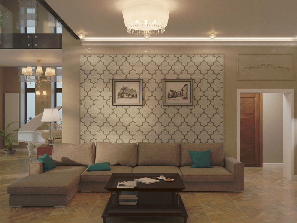 Гостиная, столовая, зона камина, музыкальная и кухня