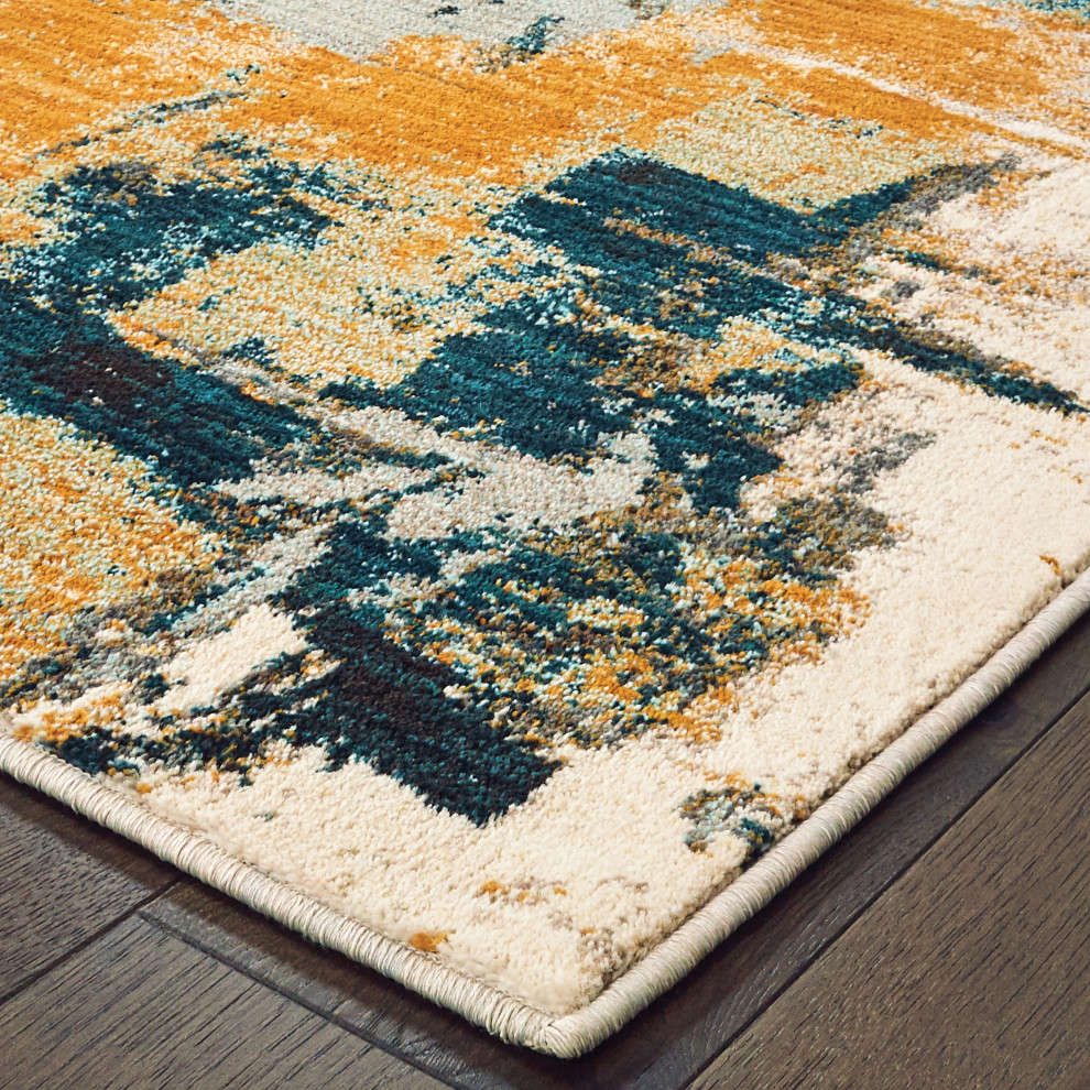 Casa Abstract Blue/Gold Area Rug, 3'10"x5'5" Contemporary Area Rugs