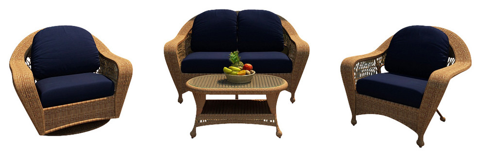 Catalina 4 Piece Traditional Sofa Set, Straw Wicker, Navy Cushions