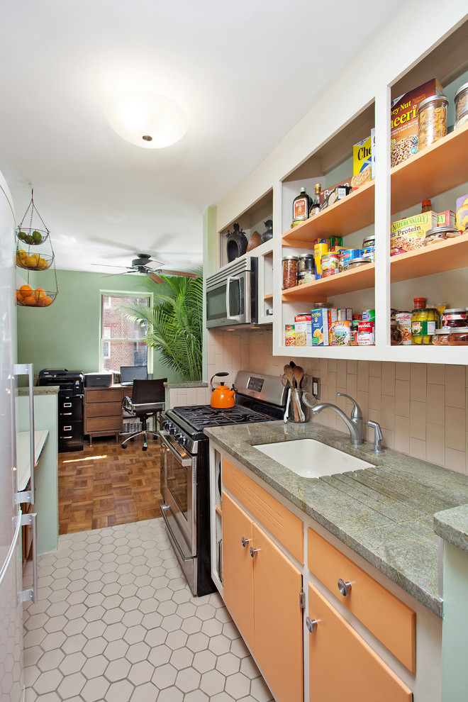 Design ideas for a small eclectic galley kitchen in New York with an undermount sink, open cabinets, orange cabinets, quartzite benchtops, beige splashback, porcelain splashback, stainless steel appliances, porcelain floors and beige floor.