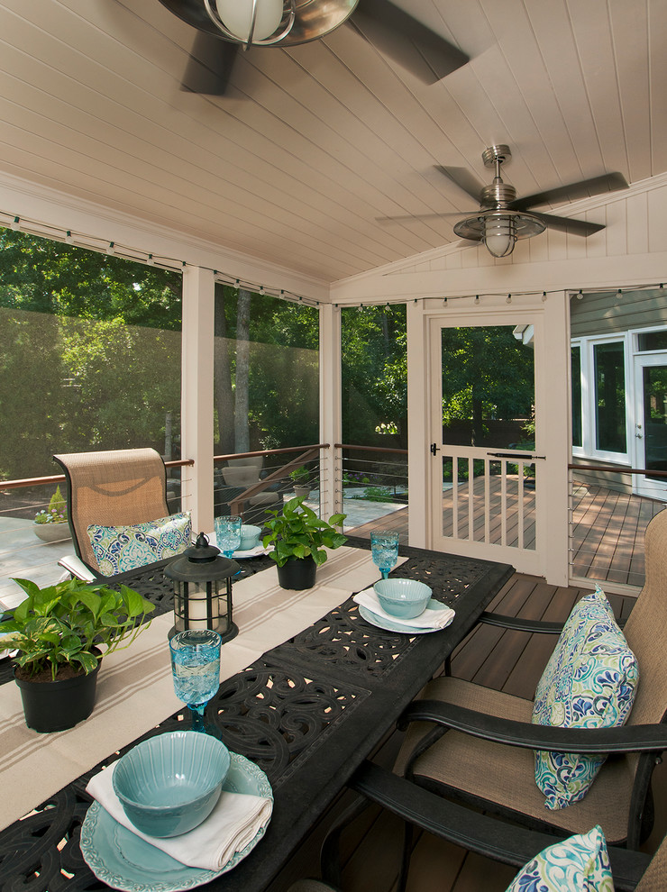 Transitional screened-in back porch photo in Atlanta with a roof extension