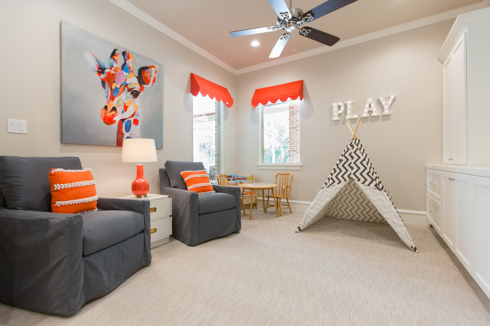Photo of a traditional gender-neutral kids' room in Dallas with beige walls and carpet.