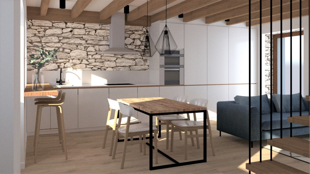 Foto di una cucina ad ambiente unico contemporanea di medie dimensioni con ante bianche, elettrodomestici in acciaio inossidabile, pavimento in laminato, top bianco e travi a vista