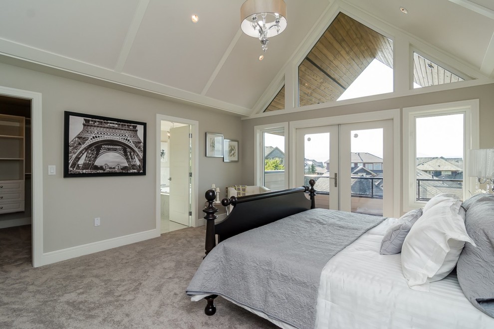 Design ideas for a large modern master bedroom in Vancouver with beige walls, carpet, no fireplace and grey floor.