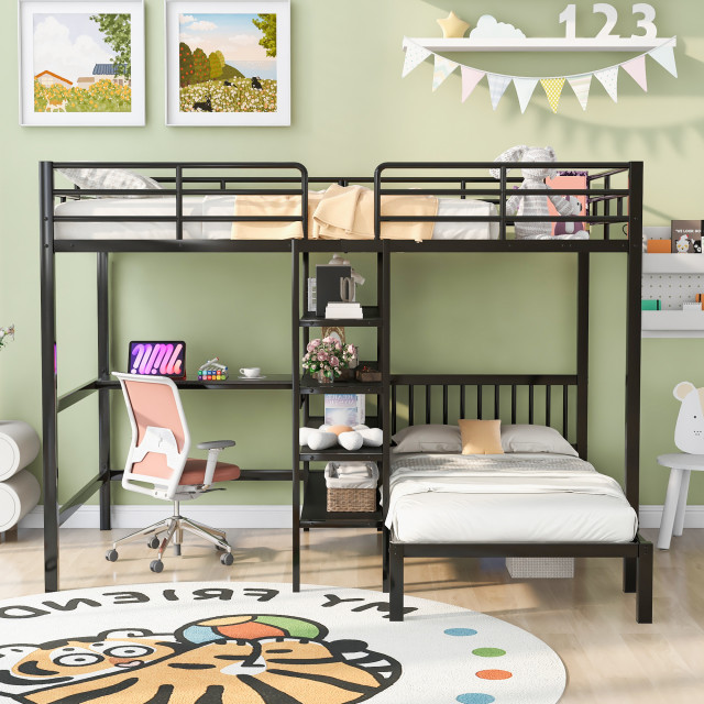 Gewnee Full Over Twin Metal Bunk Bed with Desk and Shelves in Black ...