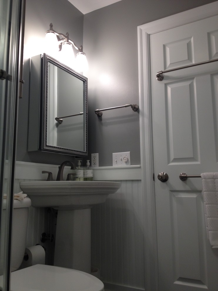 Example of a small transitional kids' white tile and ceramic tile porcelain tile home design design with a pedestal sink and gray walls