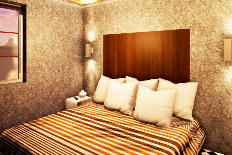 Idée de décoration pour une chambre d'amis minimaliste de taille moyenne avec un mur marron, une cheminée standard, un sol blanc et différents designs de plafond.
