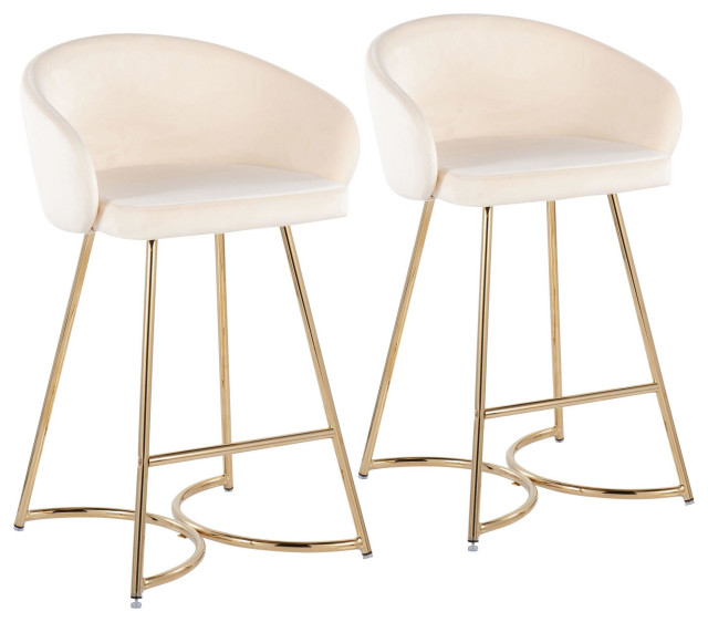 Cece Contemporary/Glam Counter Stool, Gold Steel/Cream Velvet, Set of 2
