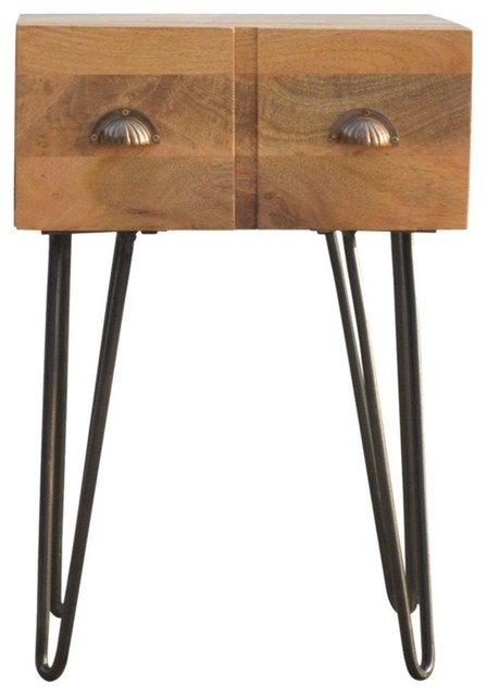 1-Drawer Bedside With Iron Base, Oak Finish Mango Wood/Pewter