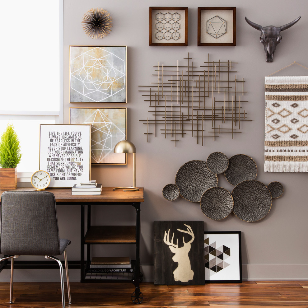 Inspiration for a small modern study room in Minneapolis with grey walls, dark hardwood floors, no fireplace, a freestanding desk and brown floor.