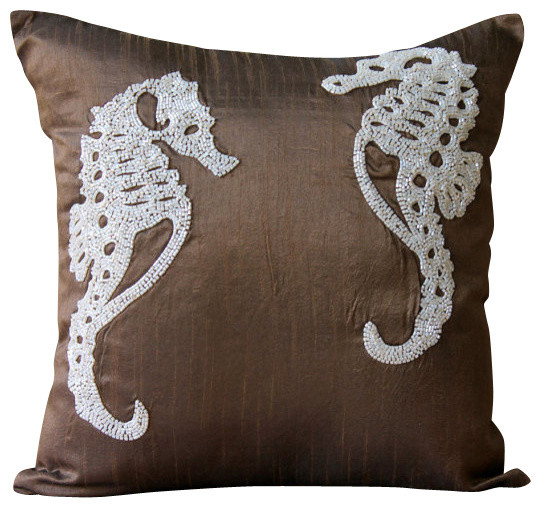 Brown Art Silk Beaded Sea Horse Pillowcases Ivory Sea Horse