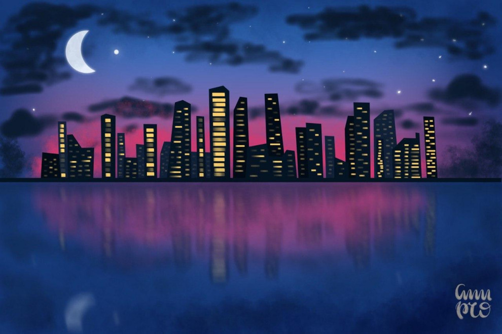 DigitalArt Stadt Nacht Mond See