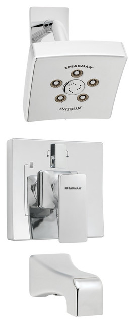 The Edge Shower System With Diverter Valve and Tub Spout, Polished Chrome