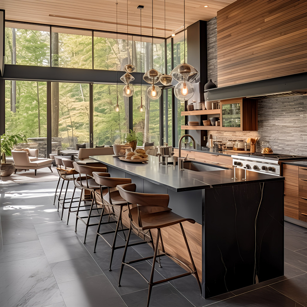 This is an example of a large modern galley kitchen/diner in New York with a built-in sink, flat-panel cabinets, granite worktops, stone tiled splashback, stainless steel appliances, slate flooring, an island and a wood ceiling.