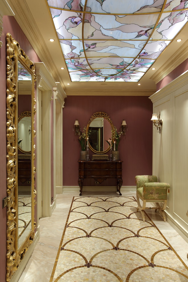 This is an example of a traditional hallway in Moscow with purple walls.