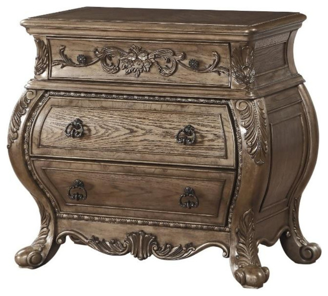 Three Drawer Nightstand With Antique Handles Scrolled Legs