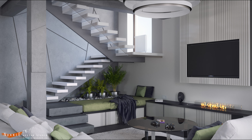 Объединенная гостиная-кухня с современной лестницей на 1 косоуре в загородном до