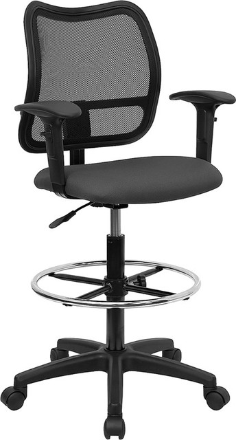 Mid-back Mesh Drafting Stool with Gray Fabric Seat and Arms