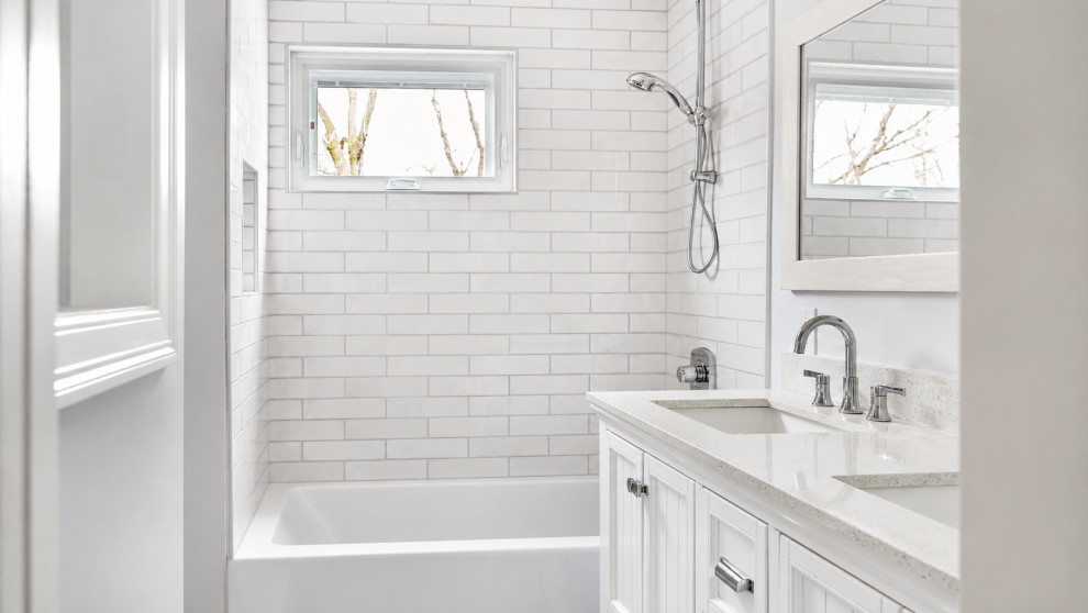 White Subway Tile Bath with Double Vanity