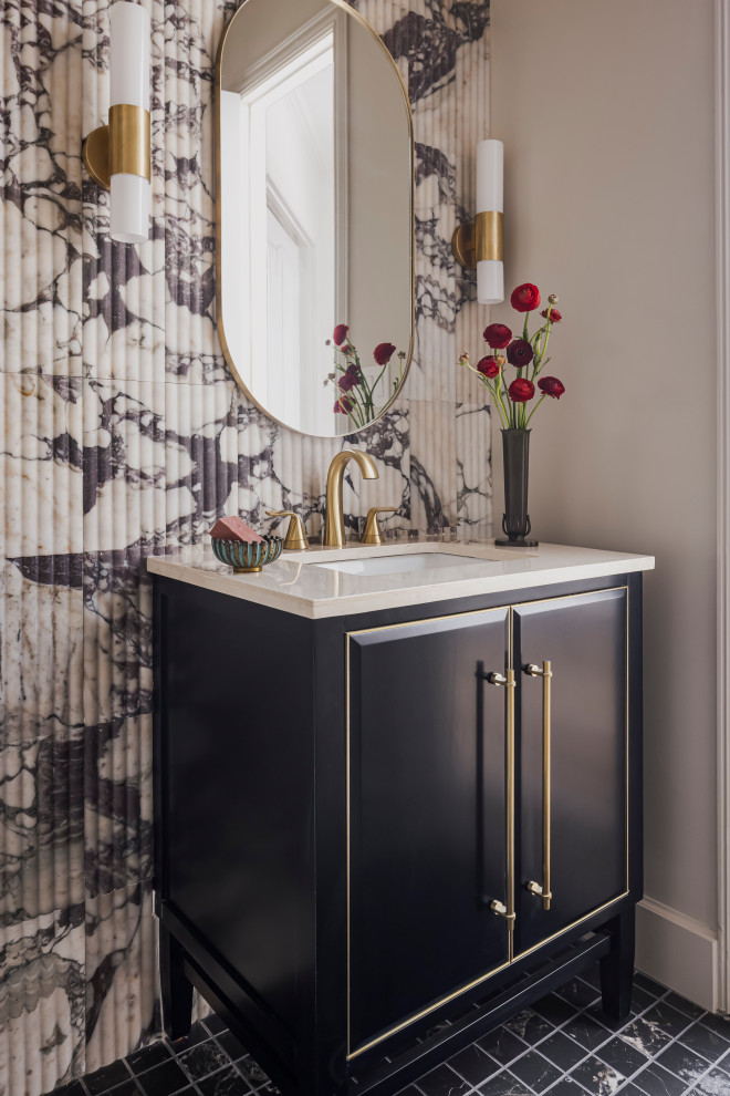Small transitional black and white tile and marble tile marble floor and black floor powder room photo in Dallas with black cabinets, white walls, an undermount sink, quartz countertops, beige countertops and a freestanding vanity