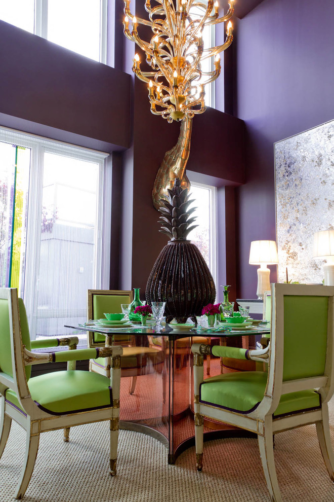 Contemporary dining room in New York with purple walls.