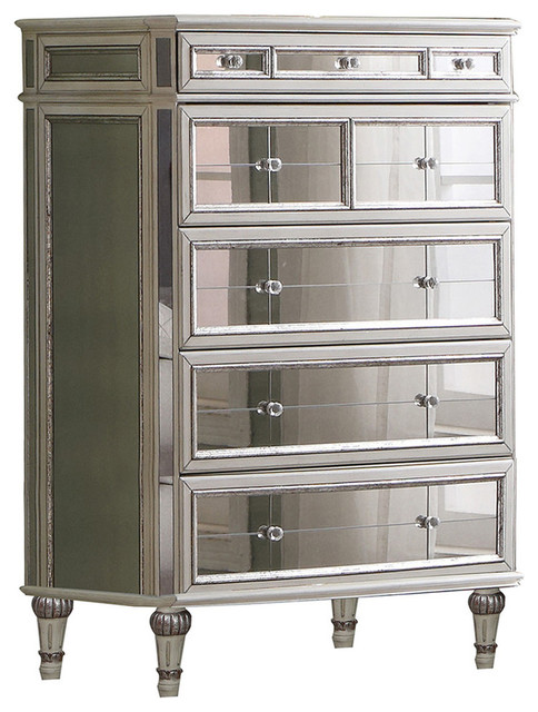 Emory Antique Cream With Mirrored 5 Drawer Chest Traditional