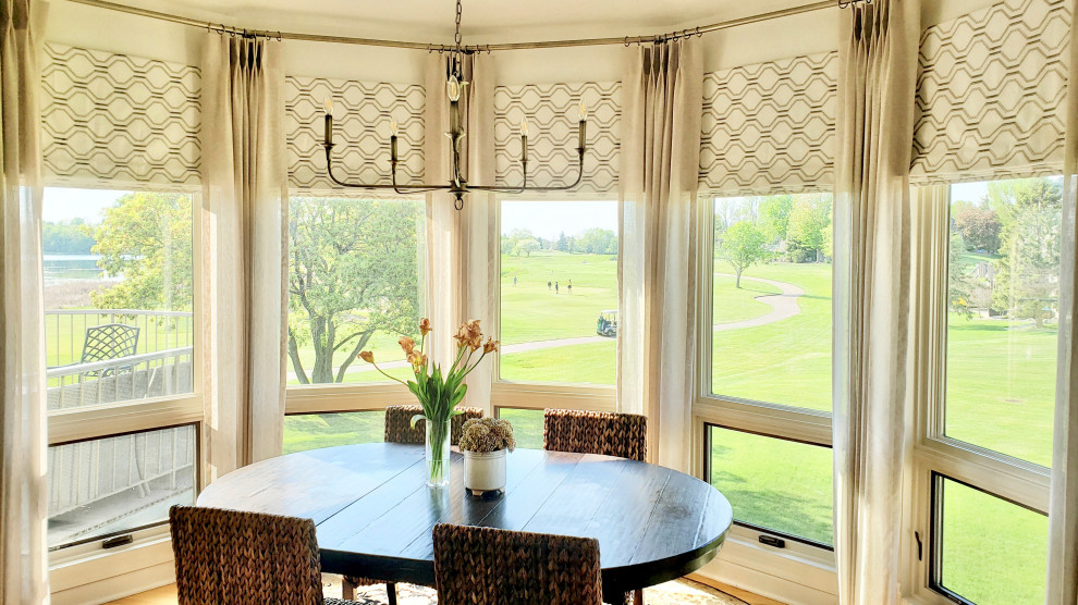 Faux Roman Shade Valances with Stationary Drapery Panels