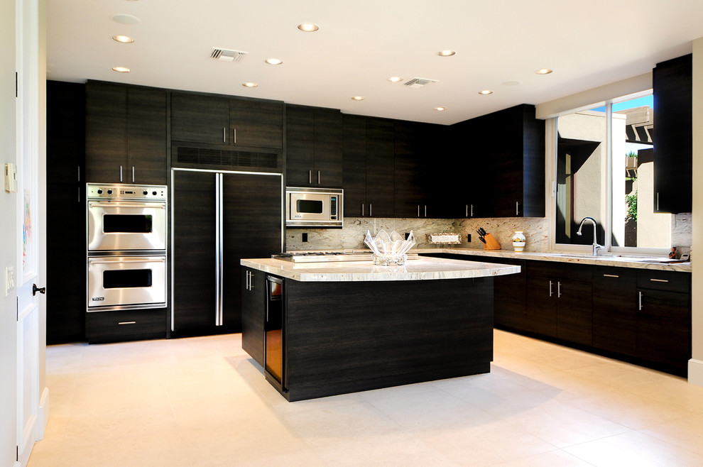 Design ideas for an expansive modern l-shaped eat-in kitchen in Other with an undermount sink, flat-panel cabinets, black cabinets, solid surface benchtops, multi-coloured splashback, stone slab splashback, stainless steel appliances, ceramic floors and with island.