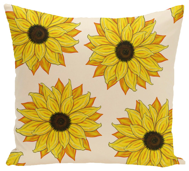 Sunflower Power Flower Print Pillow, Yellow, 16"x16"