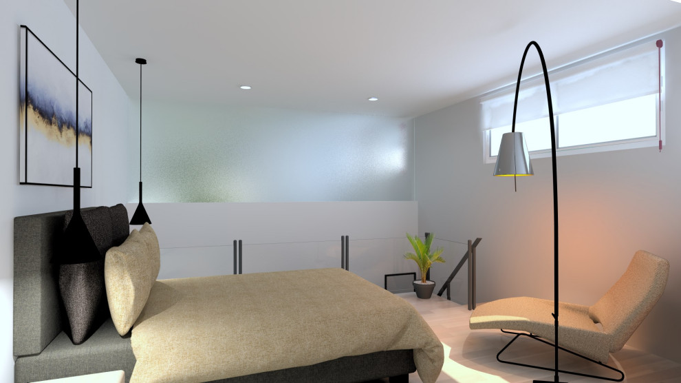 Aménagement d'une chambre mansardée ou avec mezzanine beige et blanche moderne de taille moyenne avec un mur blanc, un sol en carrelage de céramique et un sol beige.