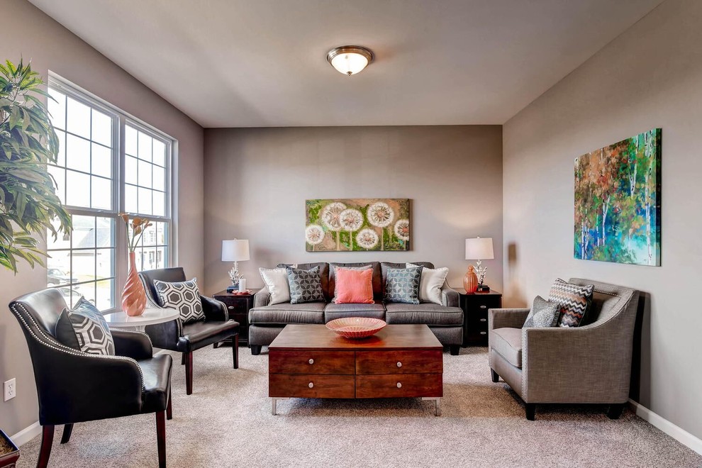 Design ideas for a transitional living room in St Louis with grey walls and carpet.